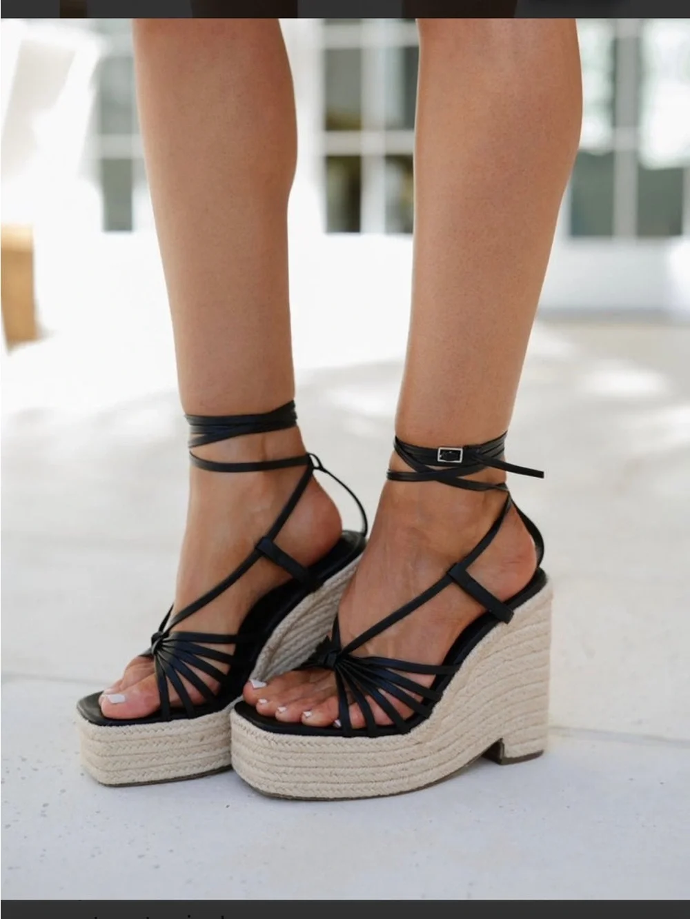 Elly Strappy Raffia Wedge Sandals - Black